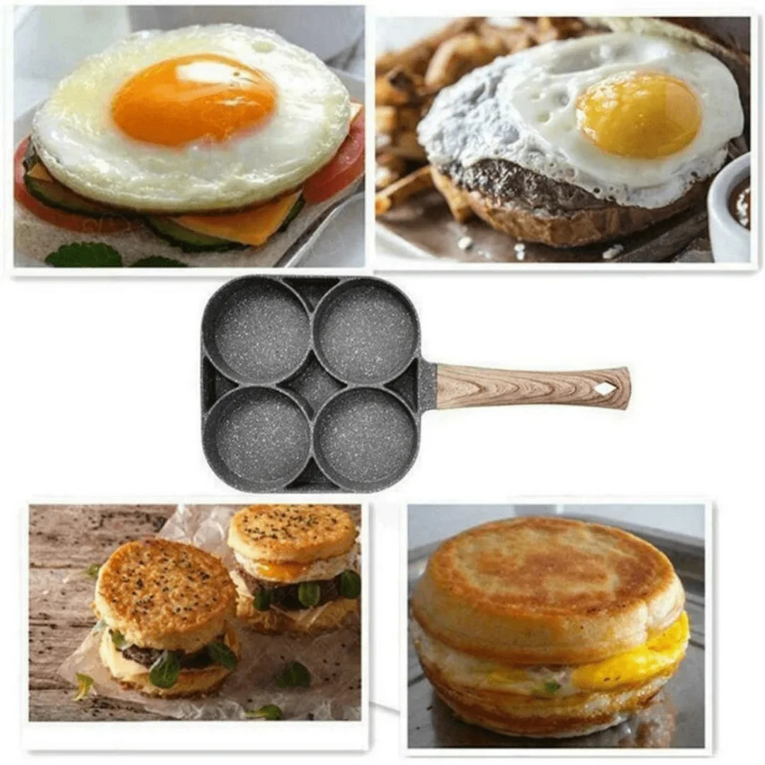 Frying pan, non-stick ham pancake maker, egg burger pan, with wooden handle, 4-hole, suitable for induction cooktops and gas sto Oasis Select