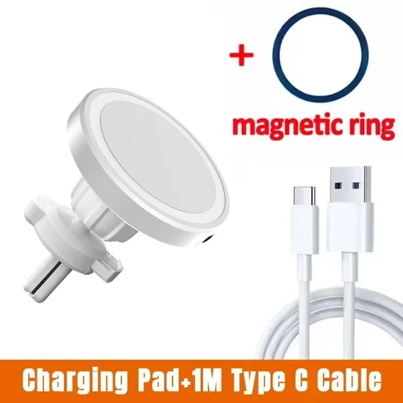 Air Vent Wireless Car Charger For MagSafe iPhone 13-17 Pro Max & Fast Charging Stand Clip Phone Holder Stable Grip Oasis Select White With Cable