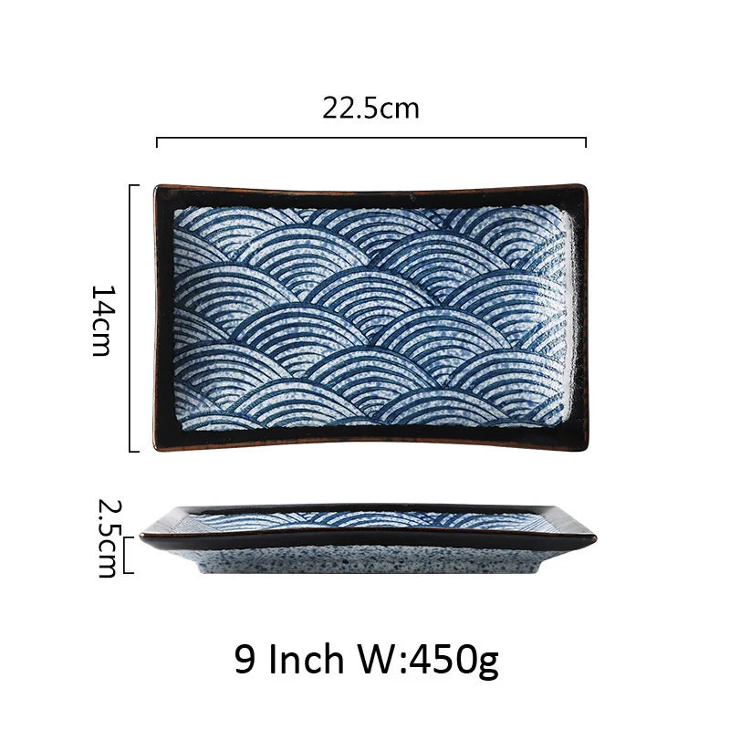 Japanese Wave Pattern Ceramic Sushi Plate Retro Steak Dish Sushi Dinner Plate Tableware Oasis Select 9Inch