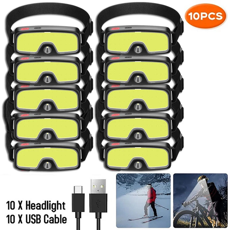 Powerful COB LED Headlamp Type-c Rechargeable Head Flashlight Built-in Battery Outdoor Fishing Camping Lantern Waterproof Torch Oasis Select 10pcs StyleB