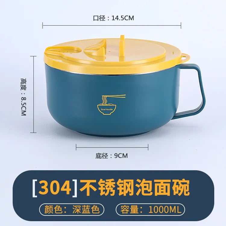 1000/1300ML Ramen Bowl 304 Stainless Steel Noodle Bowl with Lid Heat Resistant Instant Noodles Bowls Cooker Kitchen Tableware Oasis Select 1000ML-Blue