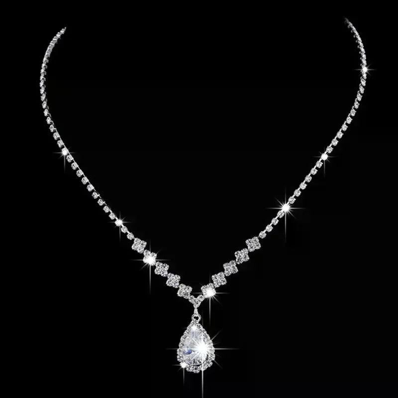 Vintage Crystal Waterdrop Pendant Necklace Earrings Silver Wedding Jewelry Set Oasis Select