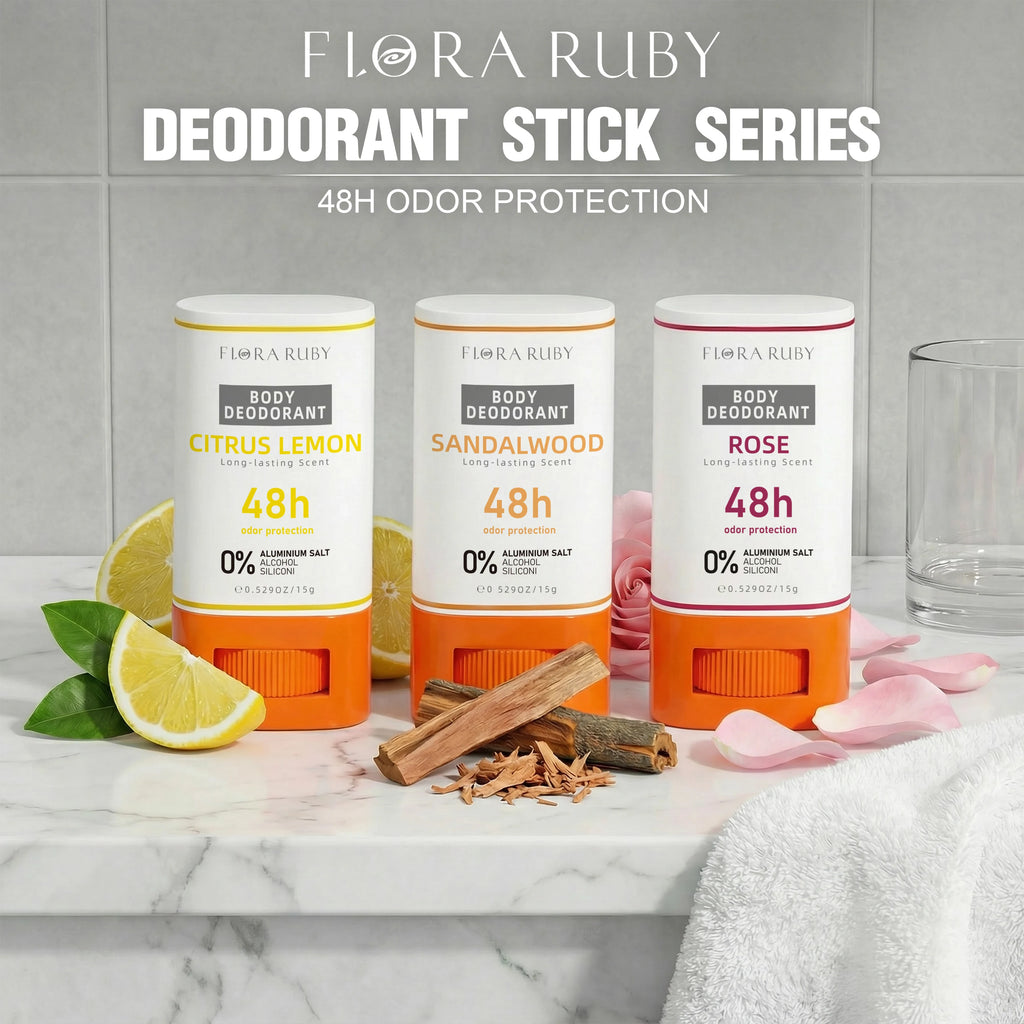 Flora Ruby 3-Pack Aluminum-Free Deodorant Sticks (15g Each) - 48H Odor Protection, Compact & Travel-Friendly Oasis Select