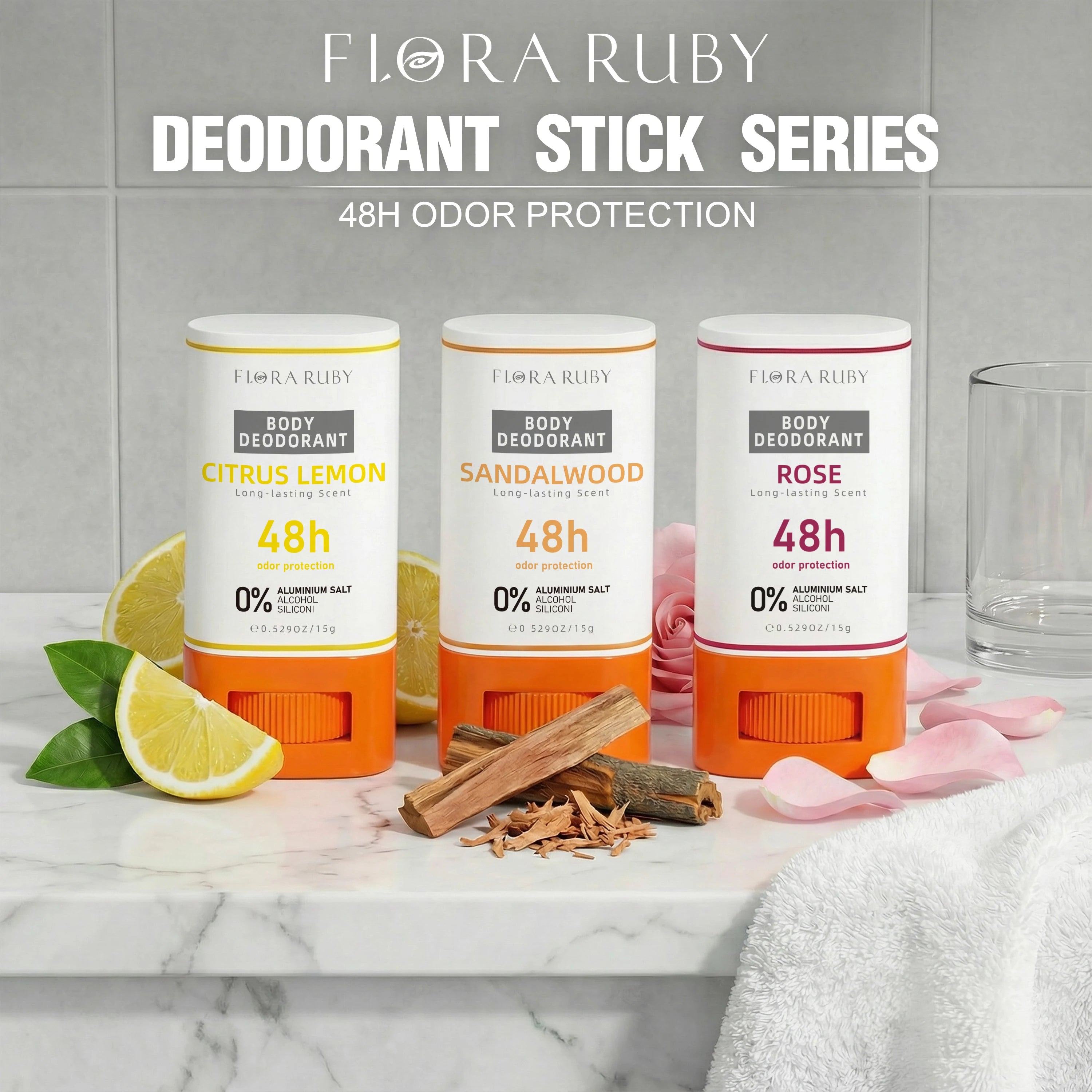 Flora Ruby 3-Pack Aluminum-Free Deodorant Sticks (15g Each) - 48H Odor Protection, Compact & Travel-Friendly Oasis Select