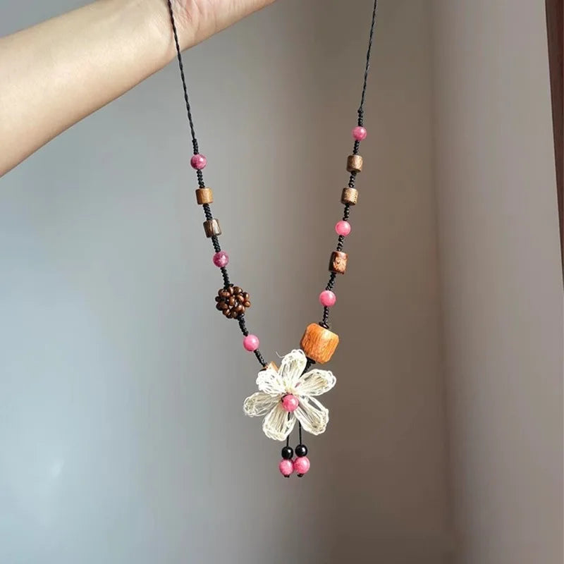 Retro New Flower Beaded Necklace Chinese Style Wood Bead Weaving Long Braided Rope Clavicle Chain Women's High Grade Neck Chain Oasis Select