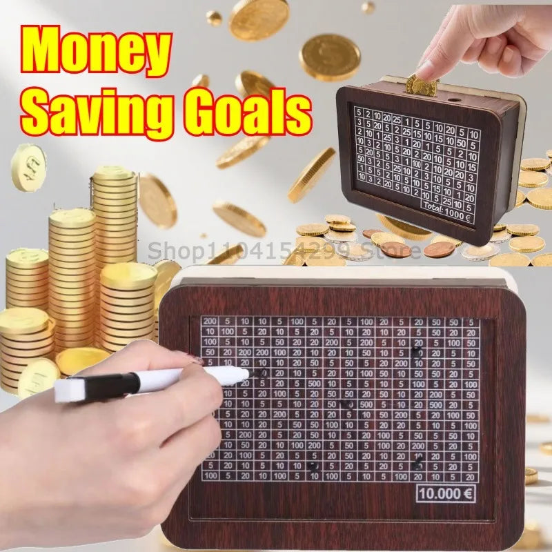 Wooden Piggy Bank Reusable Handmade Money Box, Piggy Bank with Saving Goal and Numbers To Check for Helps The Habit of Saving Oasis Select