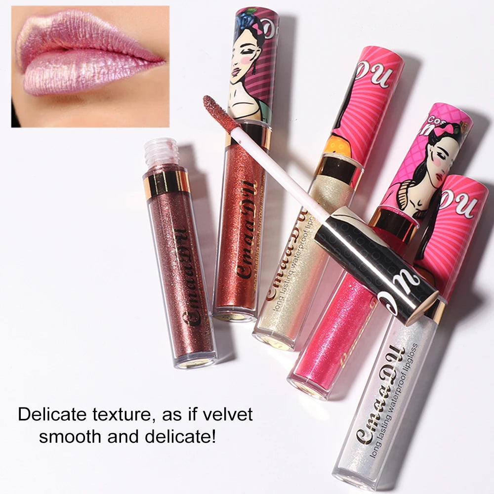 Metallic Pearlescent Shimmer Lip Gloss Lipstick Glitter Lip Glaze Long-Lasting Waterproof Not Transferable High Pigment Y2K Gift Oasis Select