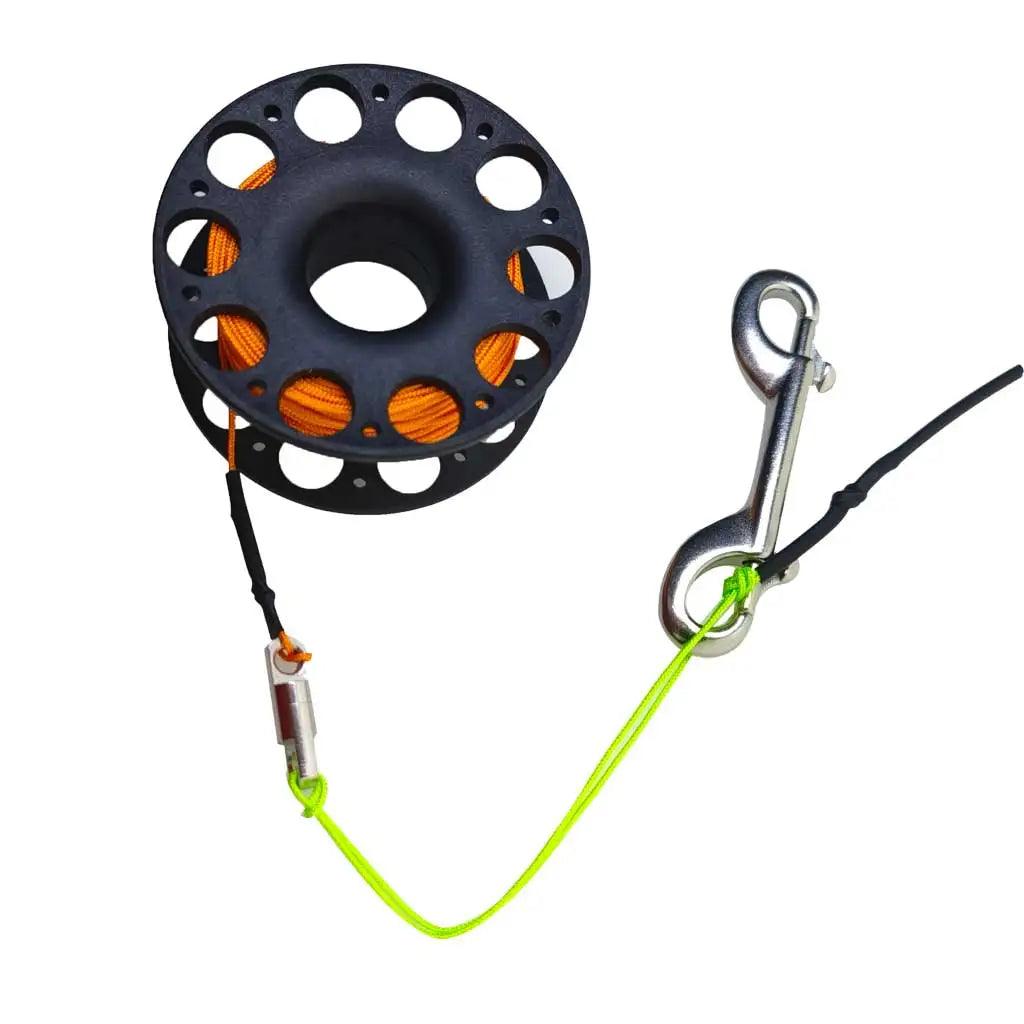 30M Scuba Diving Spool Finger Reel with Stainless Steel double ended hook Tech Snorkeling Equipment Cave Wreck Guide Line Reel Oasis Select Black Orange Line