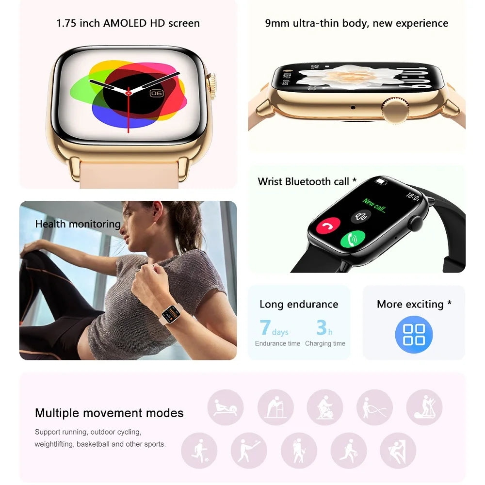 1.75" AMOLED Screen Blue Tooth Call Smartwatch Women Sleep Health Monitoring Waterproof Sports Fitness Smart Watches Men Music Oasis Select