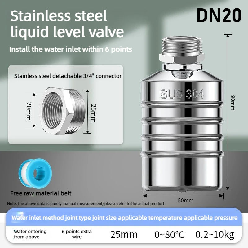 Float Ball Valve Automatic Water Level 1/2" 3/4" 1 Inch Stainless Steel 304 Control Shut-Off Valve Vertical for Water Tank Tower Oasis Select DN20