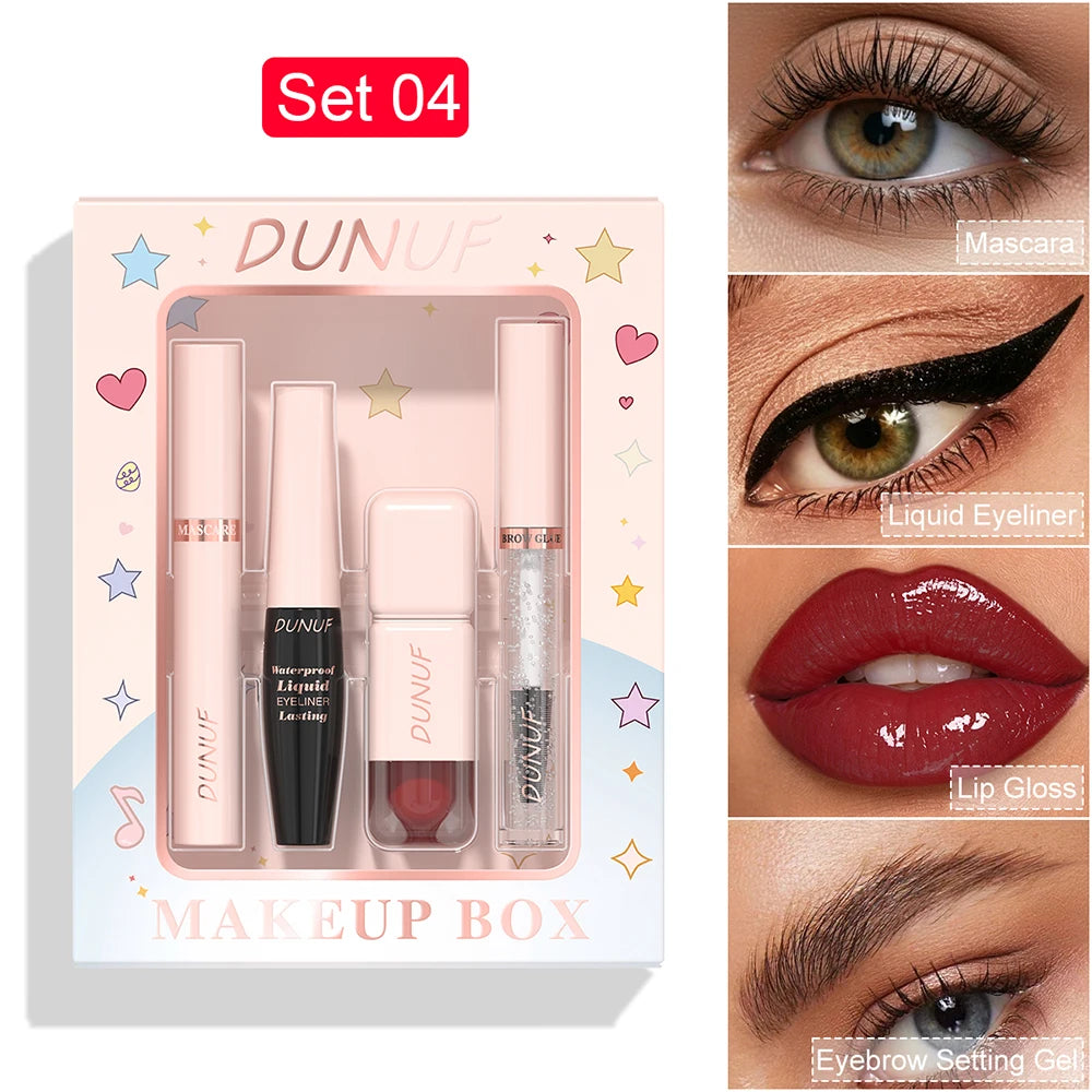 DUNUF 4-in-1 Makeup Gift Set Waterproof Long-Lasting Mascara Liquid Eyeliner Brow Setting Gel Moisturizing Lip Gloss with Mirror Oasis Select 04