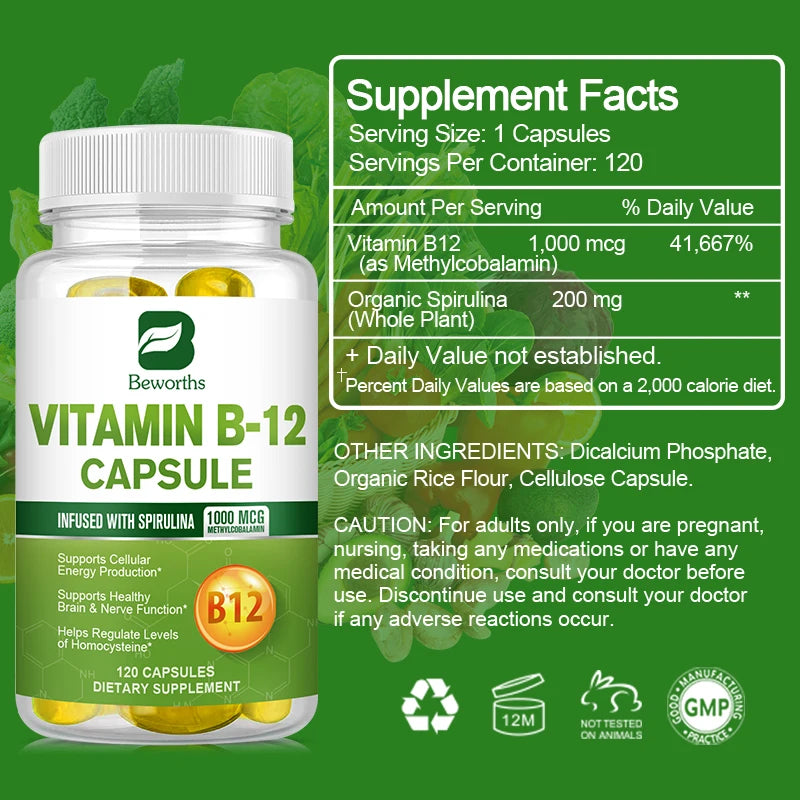 BEWORTHS 1000mcg Organic Vitamin B12 Capsules Support Cellular Energy Production, Brain and Nervous System Health 120PCS Oasis Select