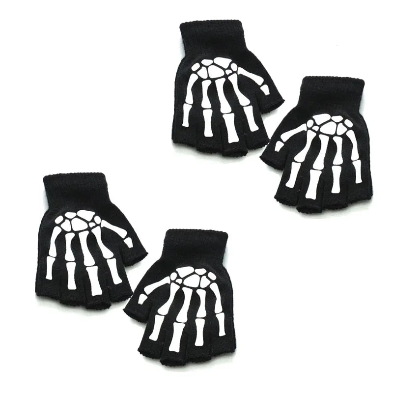 1/2/3/4pairs Adult Kids Halloween Skull Half-Finger Punk Gloves Winter Skull Fingerless Black Gloves Oasis Select 01-2pairs