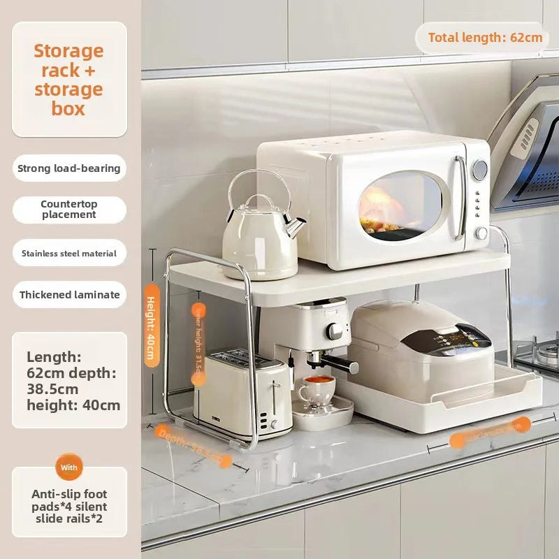 Multi-functional Stainless steel microwave oven rack, kitchen appliance countertop, pull-out storage shelf Oasis Select White62cm