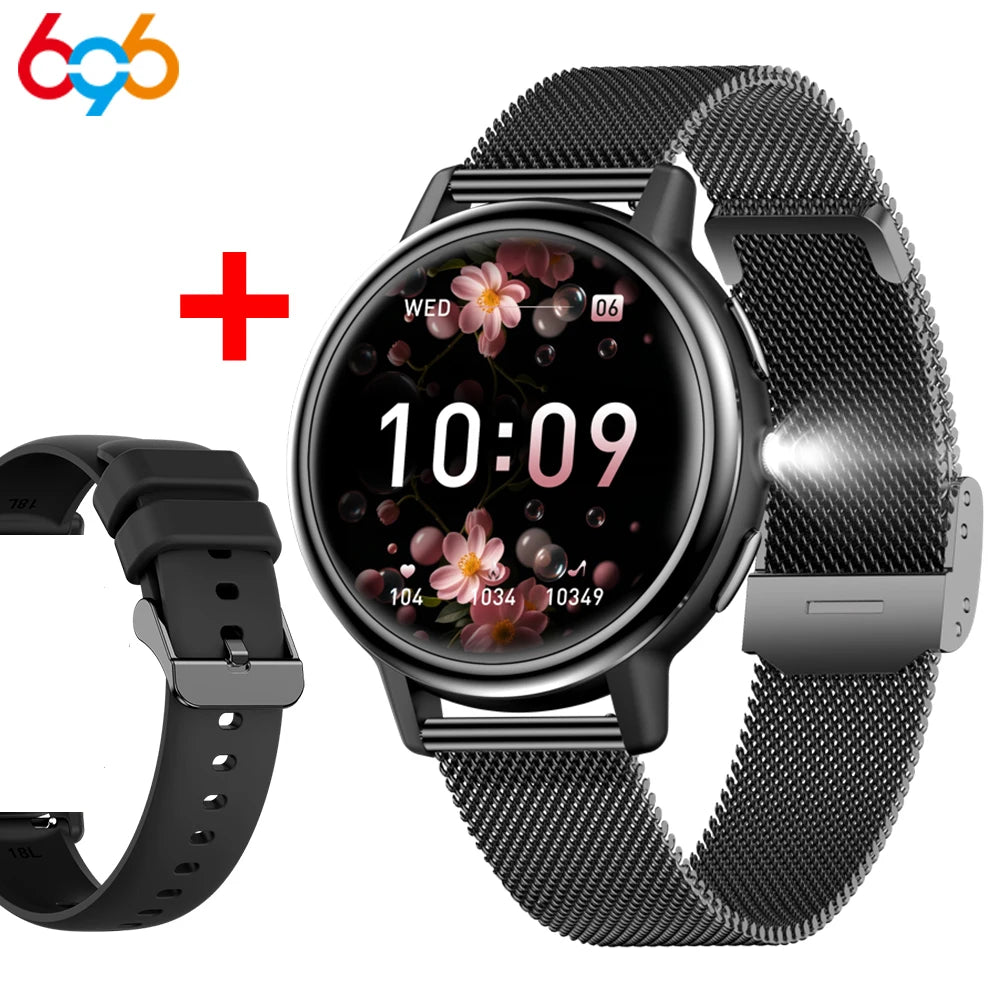 Waterproof Smart Watches Ladies Full Touch Screen Sports Fitness Flashlight Blue Tooth Call Smart Watch Women 128M Large Memory Oasis Select BKBKS A BKM