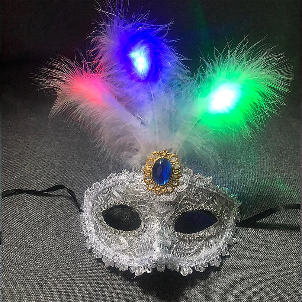 Women LED Party Mask Masquerade Luxury Peacock Feathers Half Face Mask Cosplay Costume Venetian Mask Oasis Select White