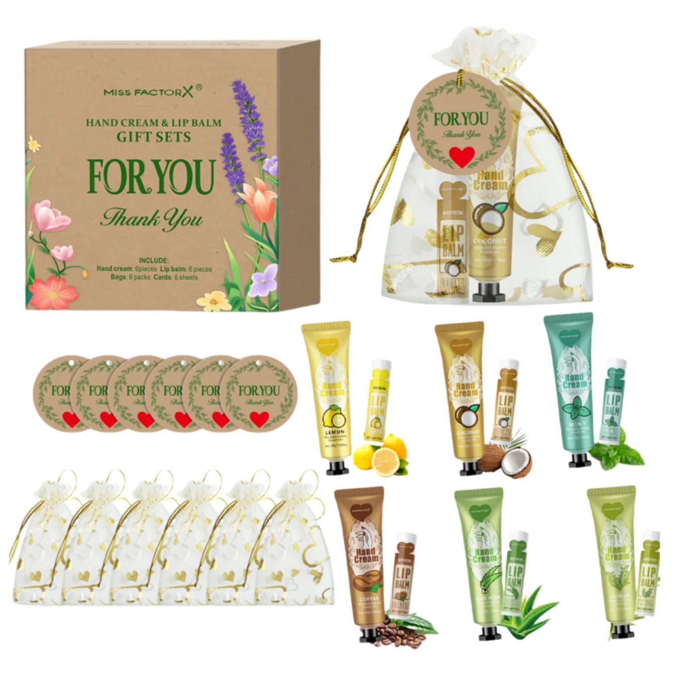 6 sets/box wedding companion gift set, hand cream set lip balm set, love thank you card and love gauze bag, party gift distribut Oasis Select