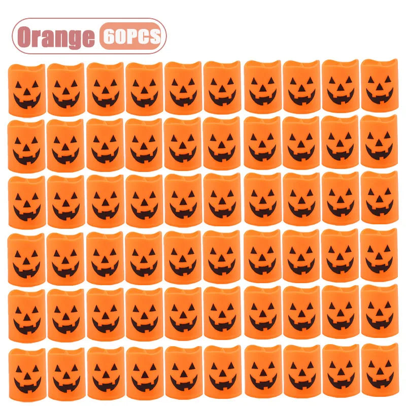 6-60PCS Halloween Flickering LED Candle Holder Skull Ghost Pumpkin Lantern Spooky Decoration for Haunted House Centerpiece Oasis Select Orange-60PCS