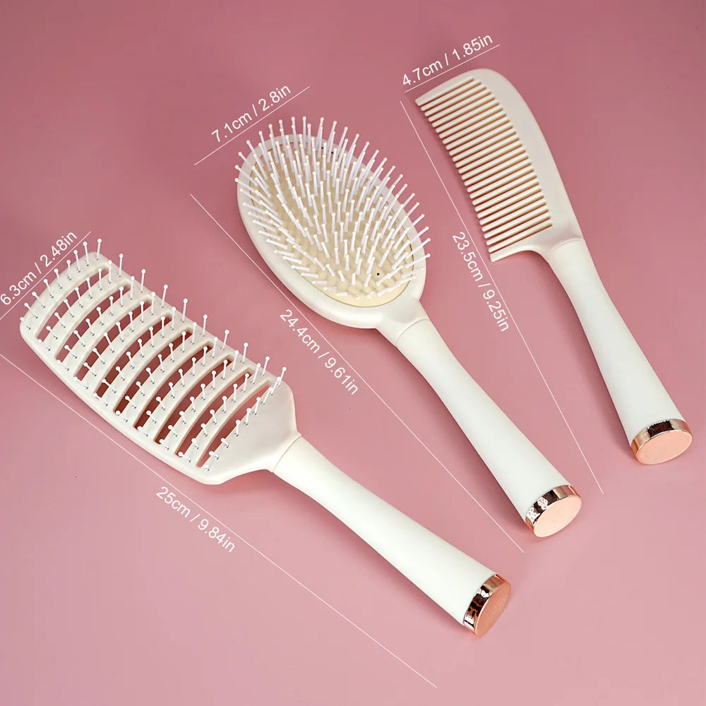 3-Piece Hair Comb Set: Cushion Massage Comb, Wide Tooth Comb & Hollow Comb - Milky White Oasis Select