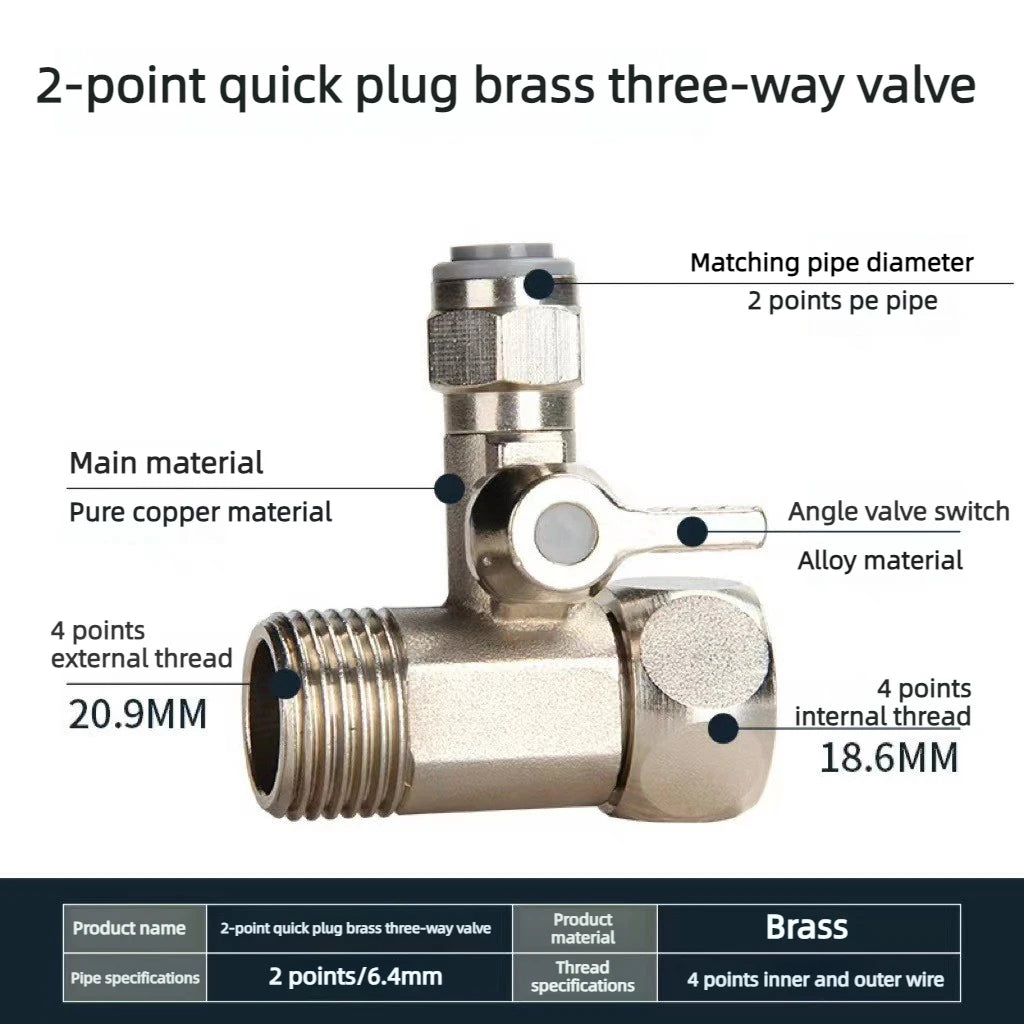Faucet Three-way Shut-off 1/4 "3/8" Valve Copper for Hot and Cold Water Butler Reverse Osmosis Water Supply Adapter Accessories Oasis Select 2point Quick connect Three-way valve Electroplated copper