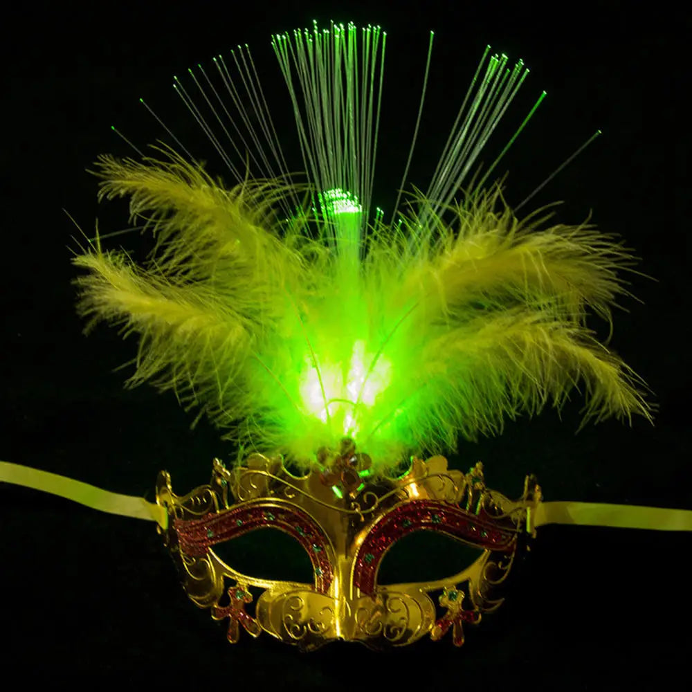 Women LED Party Mask Masquerade Luxury Peacock Feathers Half Face Mask Cosplay Costume Venetian Mask Oasis Select Gold