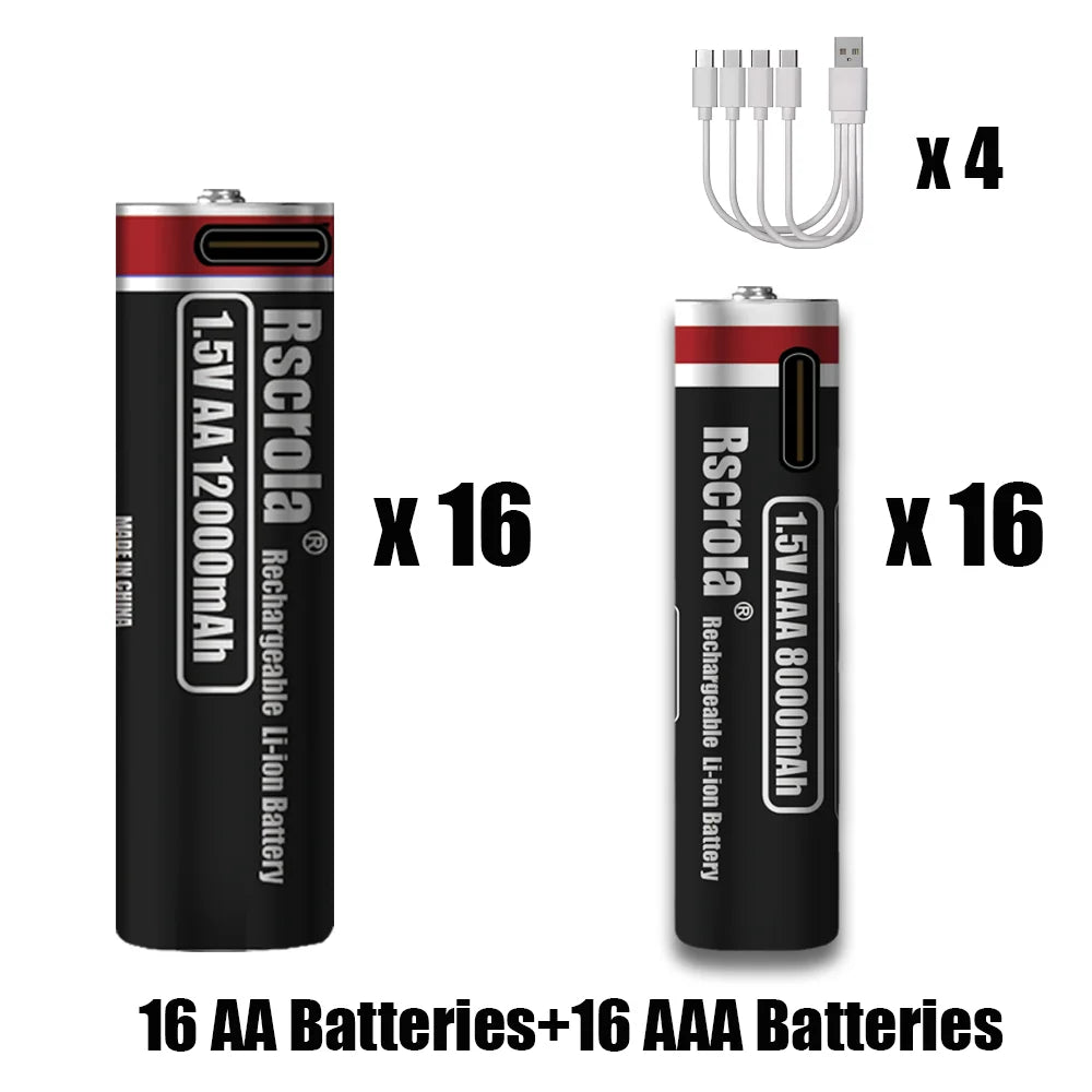 1.5V Rechargeable Li-ion Battery AA 12000mAh/AAA 8000mAh Type-C Fast Charge High Capacity， Cameras/Mouse/Xbox Controllers/Toys Oasis Select 1.5V 16AA 16AAA