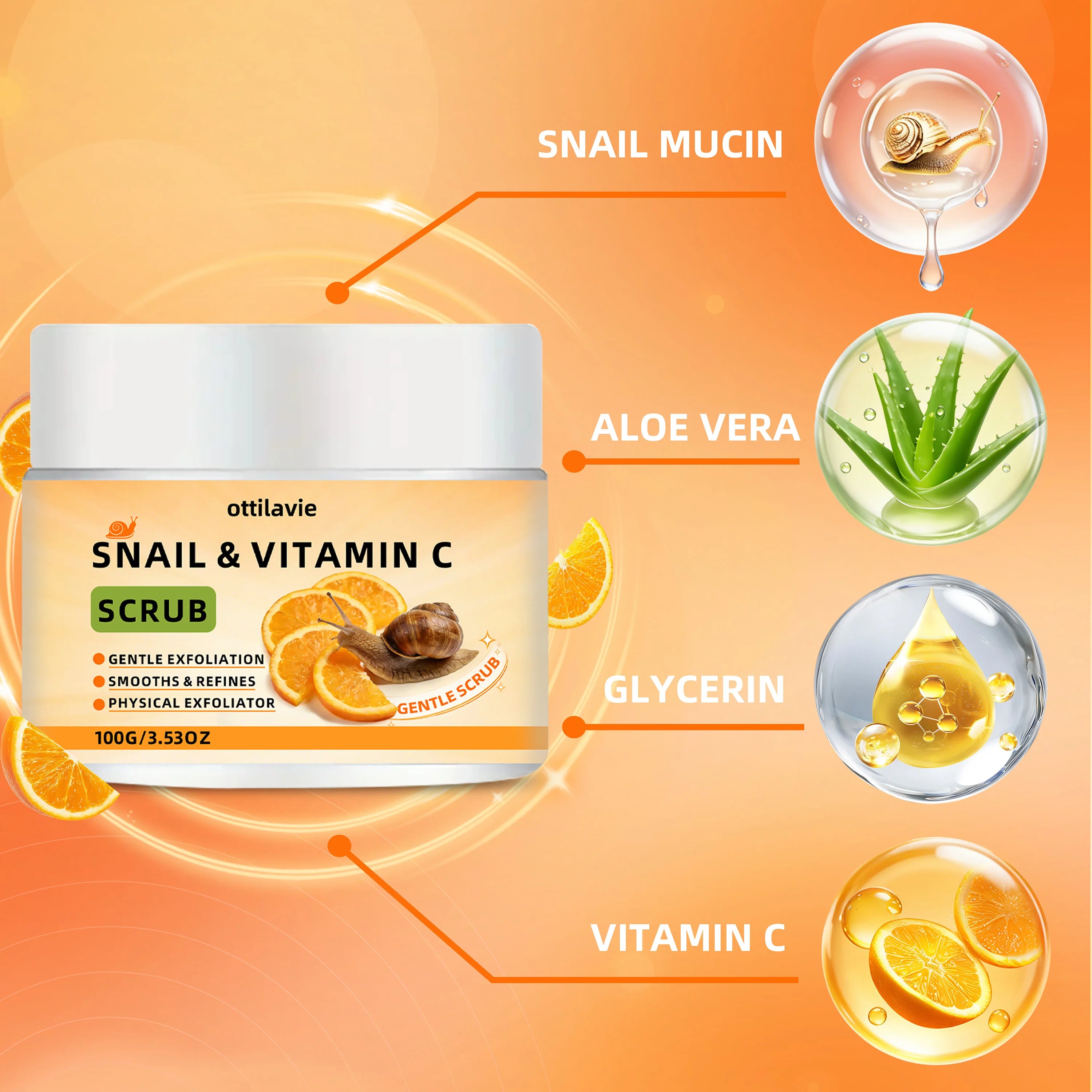 ottilavie Snail Vitamin C Scrub: Gently exfoliates & deeply cleanses. For all skin types, day or night. (Unisex) Oasis Select