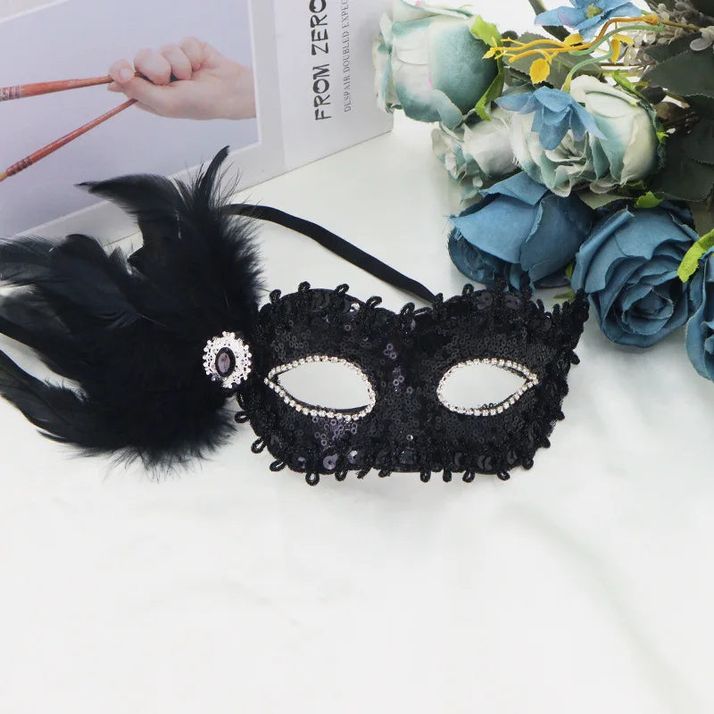 Feathers Sequins Half-Face Mask Masquerade Removable Feather Decor Venetian Mask Halloween Cosplay Party Costume Accessory Oasis Select Black