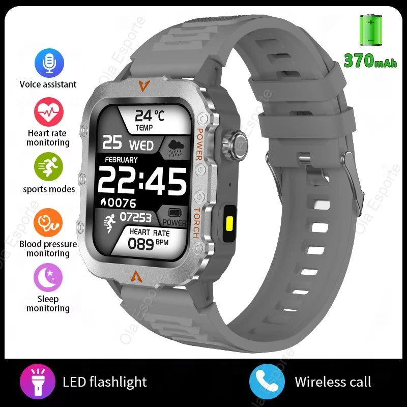 Rugged Military Smartwatch – Bluetooth Call, AI Voice, IP68 Sport
