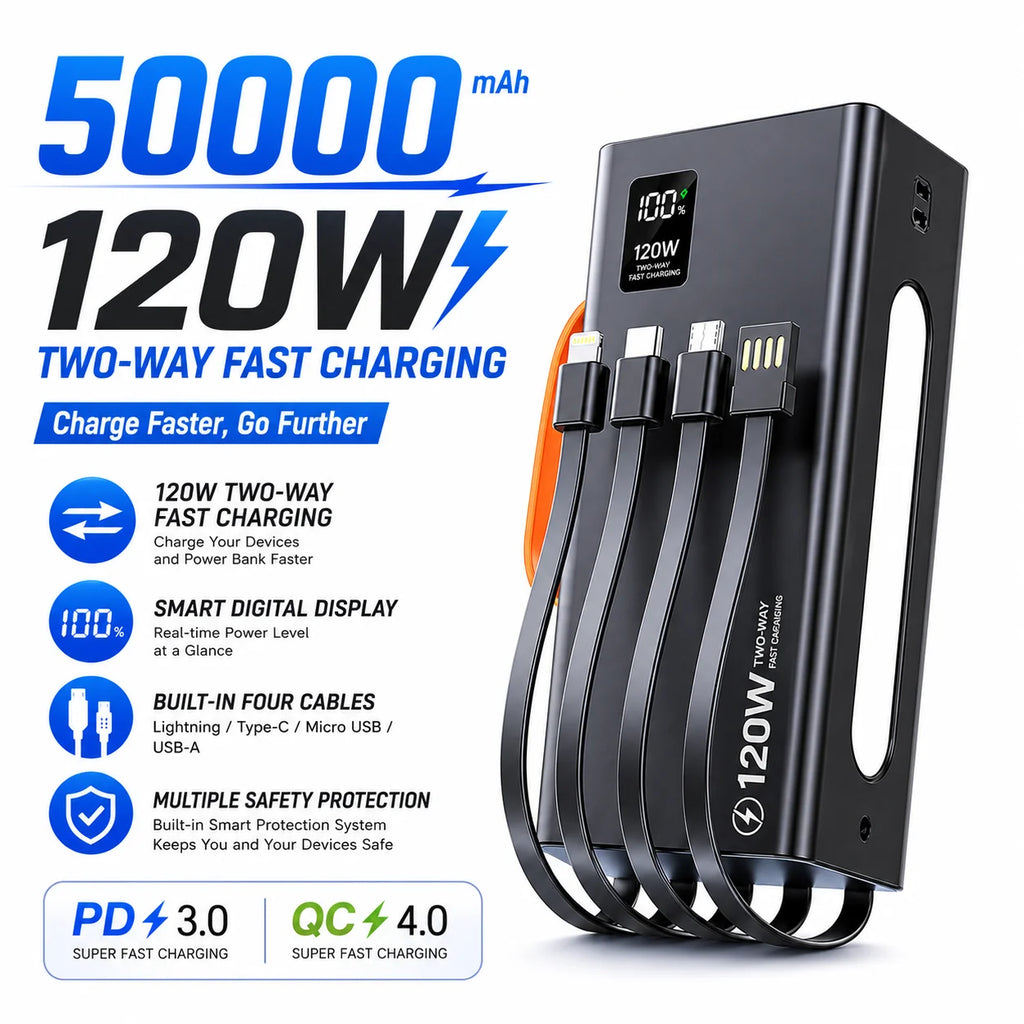 Ultra Portable 50000mAh Power Bank 120W Fast Charging External Battery, Built-in Cable Universal Powerbank for iOS Android Oasis Select