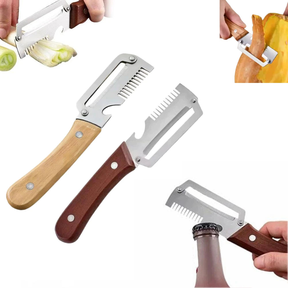 3-in-1 Multifunction Kitchen Peeler, Wooden Handle Stainless Steel Serrated Knife, Vegetable Fruit Peeler Shredder Bottle Opener Oasis Select