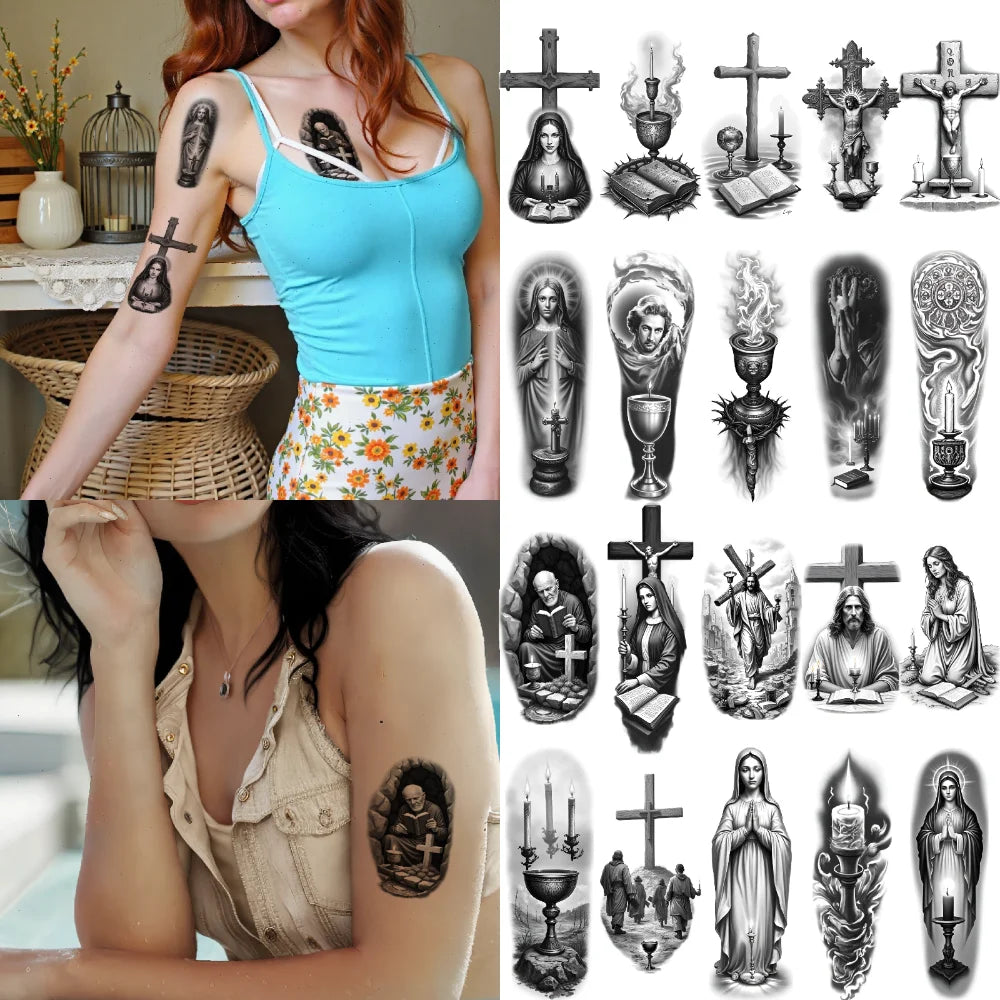 12pcs Spiritual Temporary Tattoos – Dove, Cross & Praying Woman