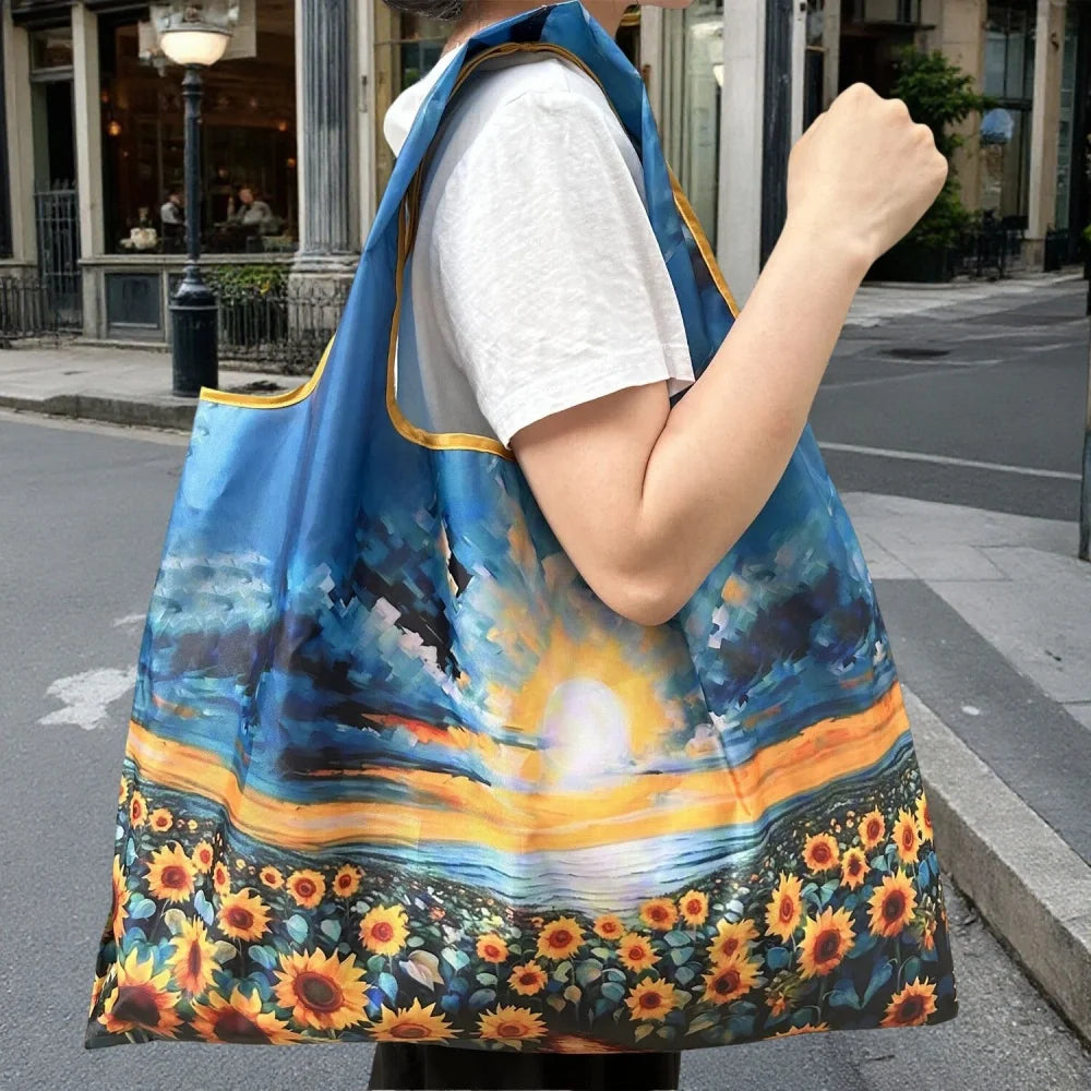 Oil Painting Print Folding Shopping Bag Portable Design Large Capacity Square Shopping Bag Foldable Feature Positioning Design Oasis Select Style 8