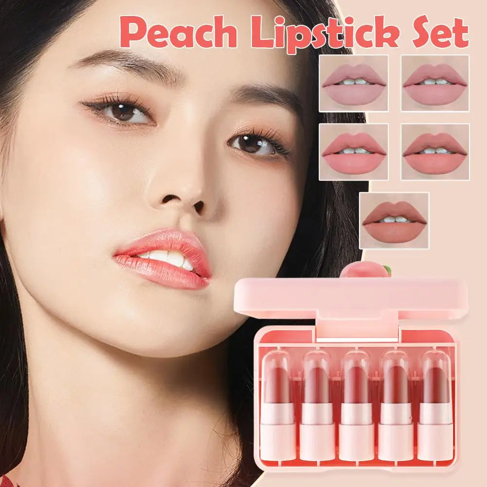 5Pcs Peach Lipstick Lip Tint Set Cute Matte Lipsticks Waterproof Long-lasting Non Stick Cup Mini Lip Gloss Lipstick Makeup Gift Oasis Select