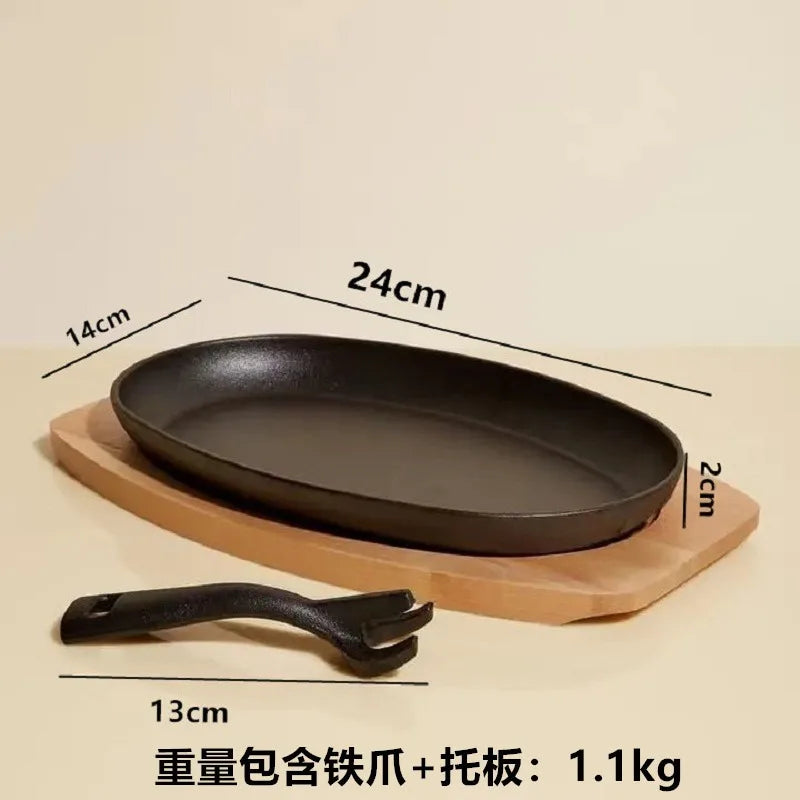 Cast Iron Skillet with Wooden Tray and Metal Spatula, for Grilled Fish and Grilling, Kitchen Essentials Oval Steak Pan Oasis Select