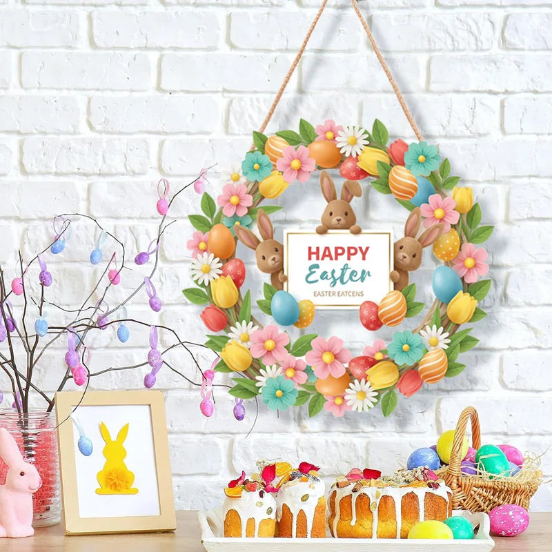 12x12 inch/30x30 cm Easter Wooden Hanging Door Sign Rabbit Egg Decorative Plaque for Easter Front Door Decor Oasis Select JKL-19