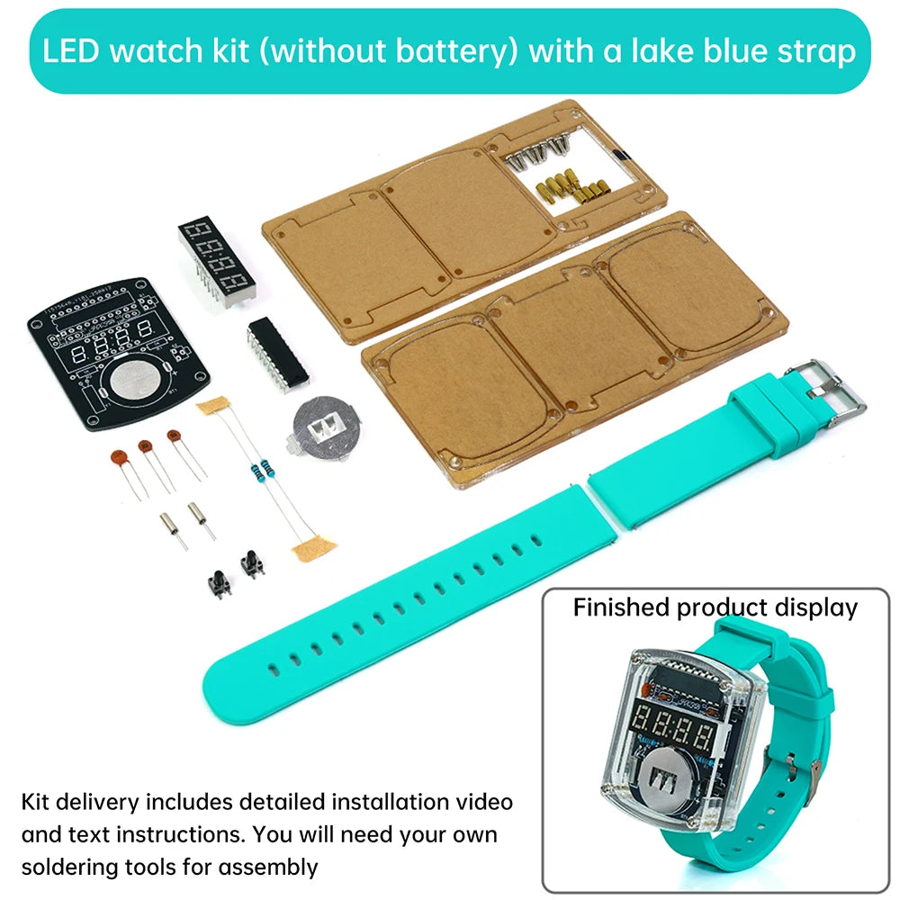 LED DIY Electronic Watch Kit Digital Tube Clock Accessories Soldering Assembly Electronic Silicone Watch Oasis Select Lake Blue