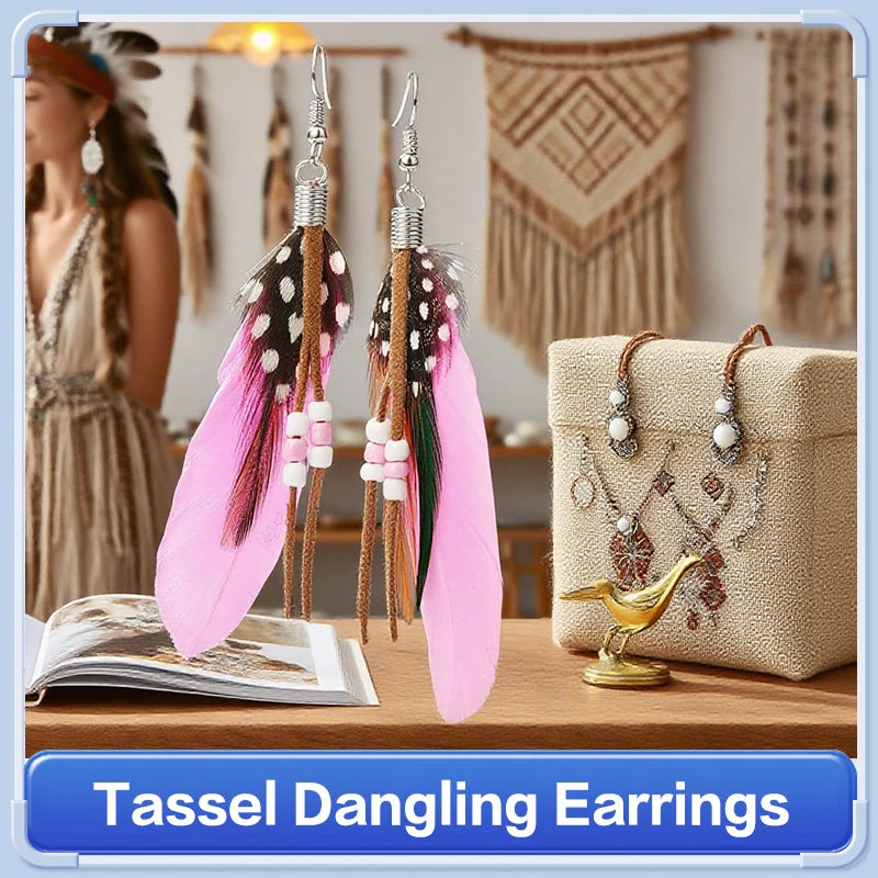 Tassel Dangling Earrings Colorful Feather Leather Beads Earrings Indian Feathers Summer Womens Fashion Jewelry Oasis Select