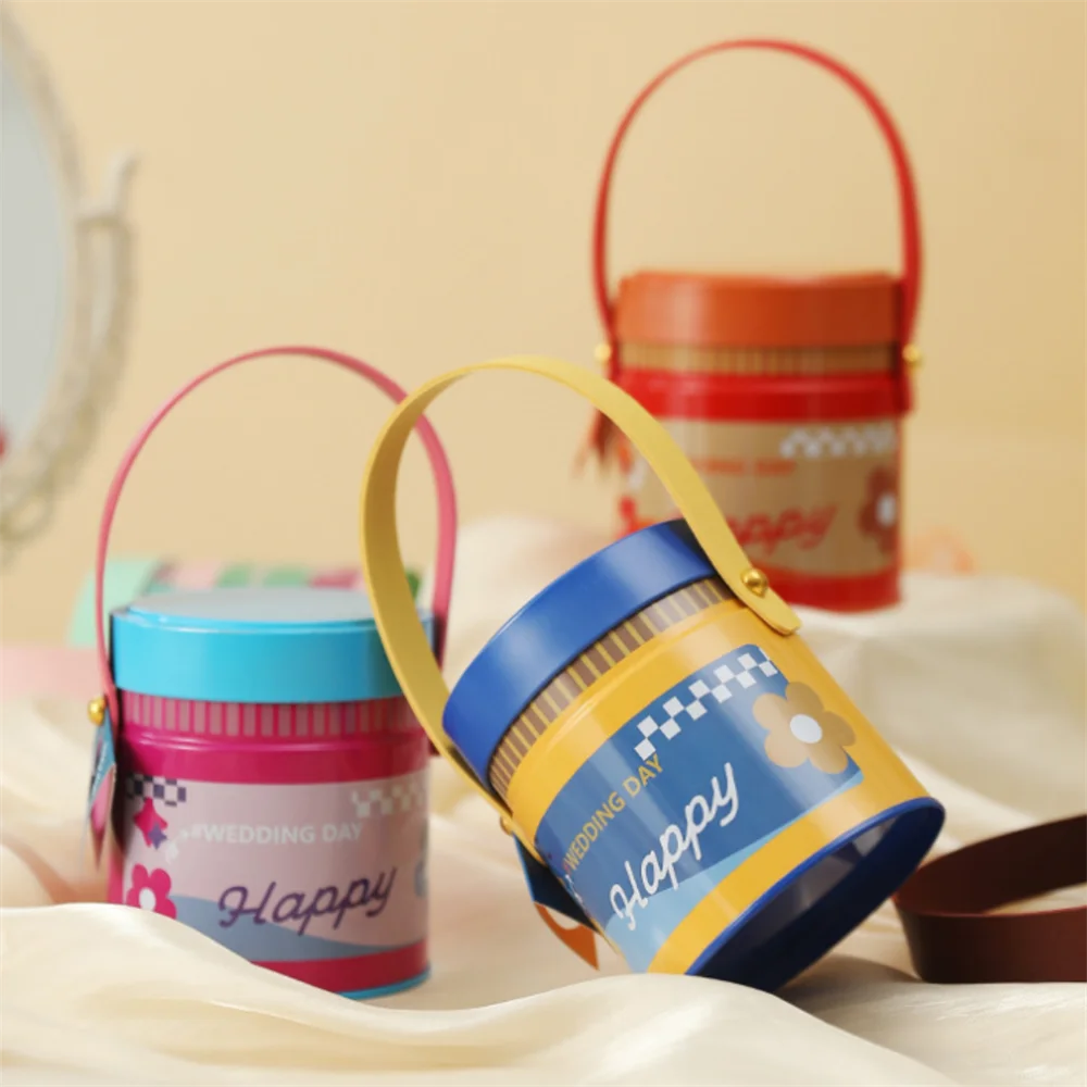Wedding Tin Candy Box Round Storage Boxes Portable Handle Sugar Coffee Tea Tinplate Organizer Can Children Gifts Packaging Box Oasis Select