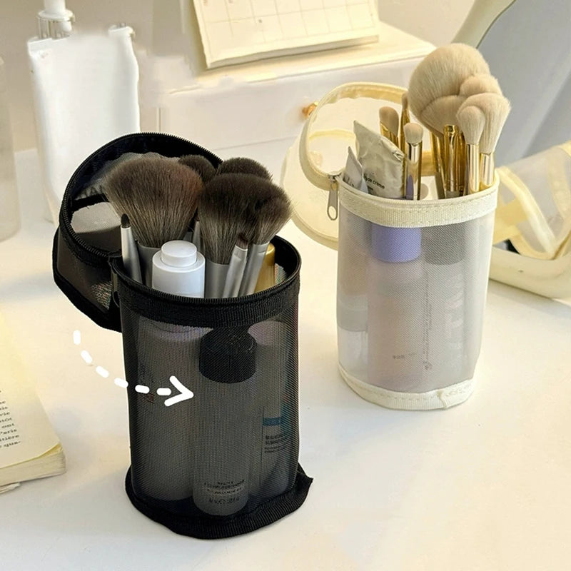 Mesh Dual-use Makeup Brush Storage Bag Portable Brush Case Simple Large Capacity Brush Bucket Holder Travel Stand-up Pouch Oasis Select
