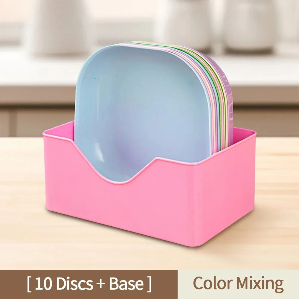 10-Piece Macaron Color Square Snack Plate Set with Stand Snack Plate Set Oasis Select 10 plates and 1 base