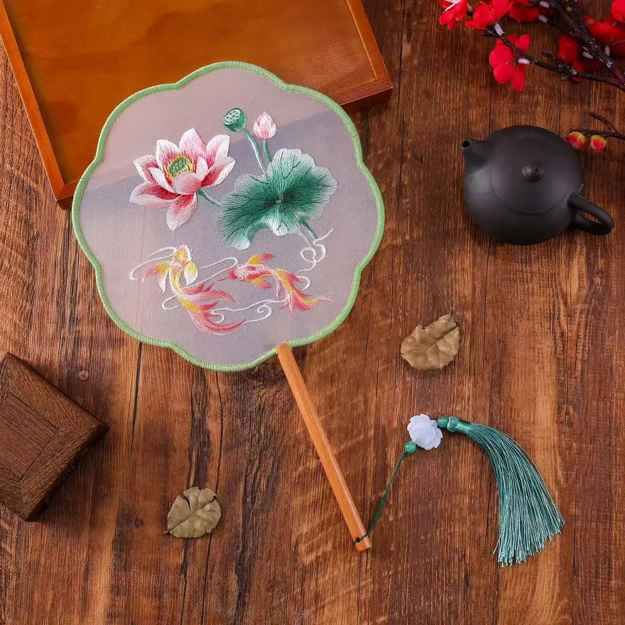 Chinese Style Silk Round Fan Double-sided Floral Embroidery Hand Fans with Tassel Summer Dance Fan For Women Wedding Home Decor Oasis Select