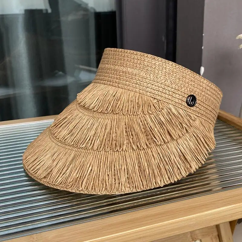 Straw Hat Women Summer Fashion Fringe Sun Protection Wide Brim Lightweight Designer Brand Adjustable For Beach Activities Oasis Select Khaki