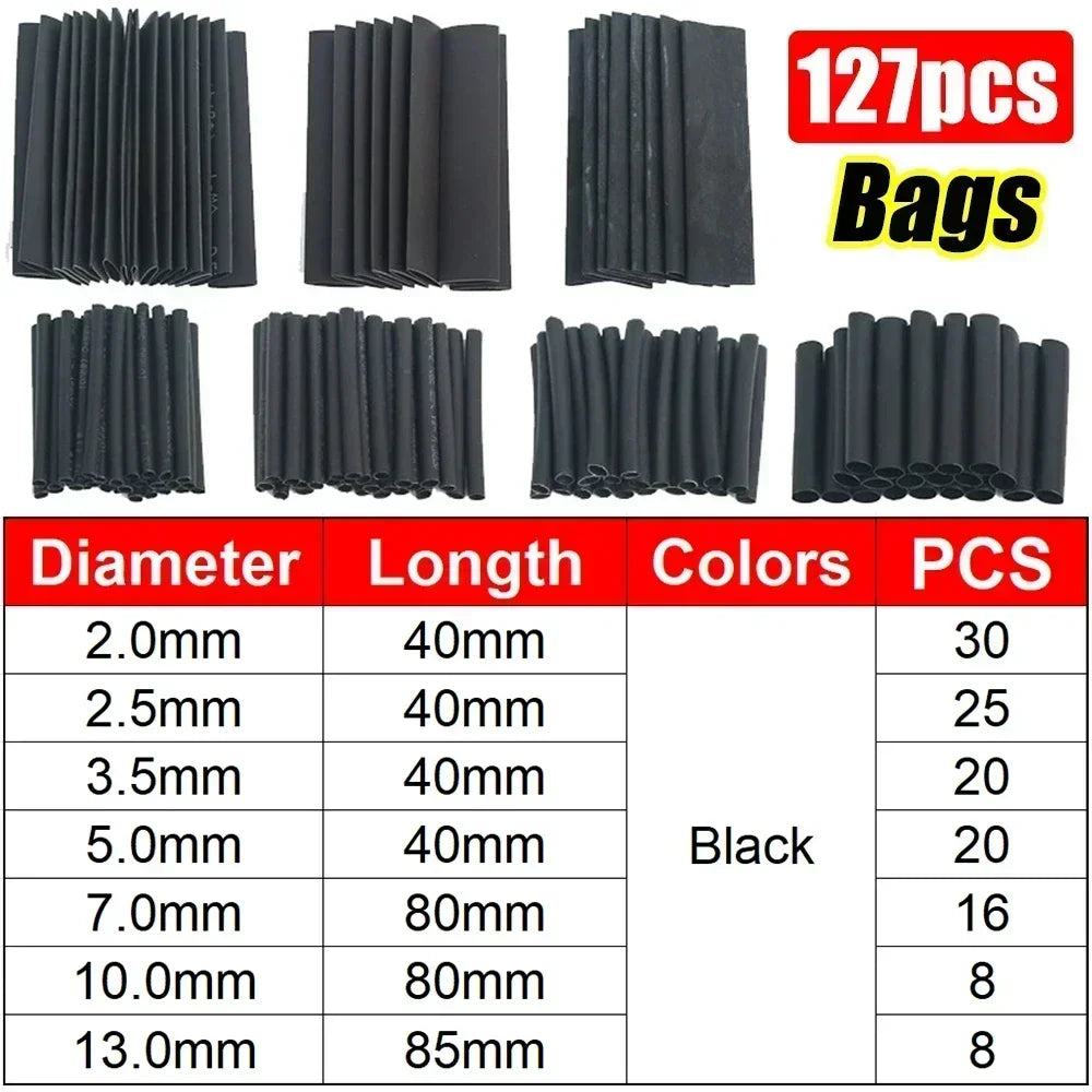 Heat Shrink Sleeving Tube Kit Wire Electrical Connection Wire Wrap Cable Protection Thermoresistant Tubing Wrapping Insulation Oasis Select Black-127pcs (bags) Mixed-size