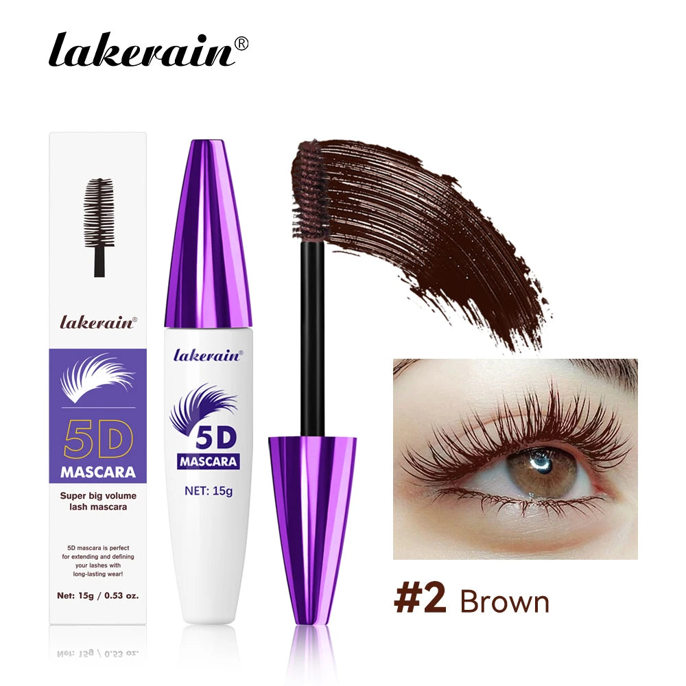 Lakerain 5D Mascara Eyelashes Lengthening Long-Lasting Intense Black Waterproof Nourishing Smudge-Proof Mascara Eye Makeup Oasis Select Brown