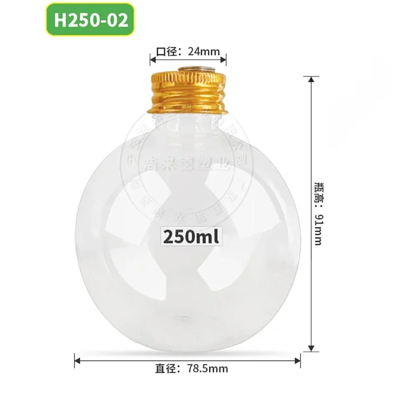 50ml Gold Cap Transparent Fruit Juice Bottle Stubby Round Plastic Bottle Shaped Snowball Bottle Christmas Decorative Bottle Oasis Select Gold-250ml