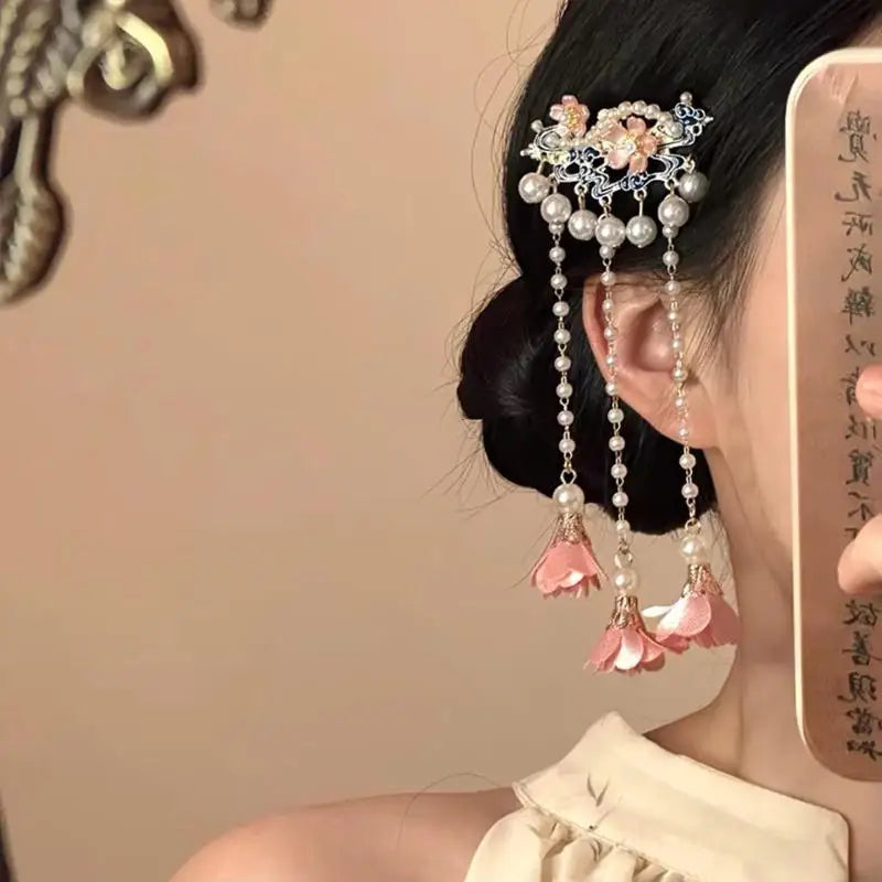 Vintage Pearl Tassel Hair Clip – Enamel Flower Hanfu Hair Pin Decorative Hair Pin Oasis Select A2