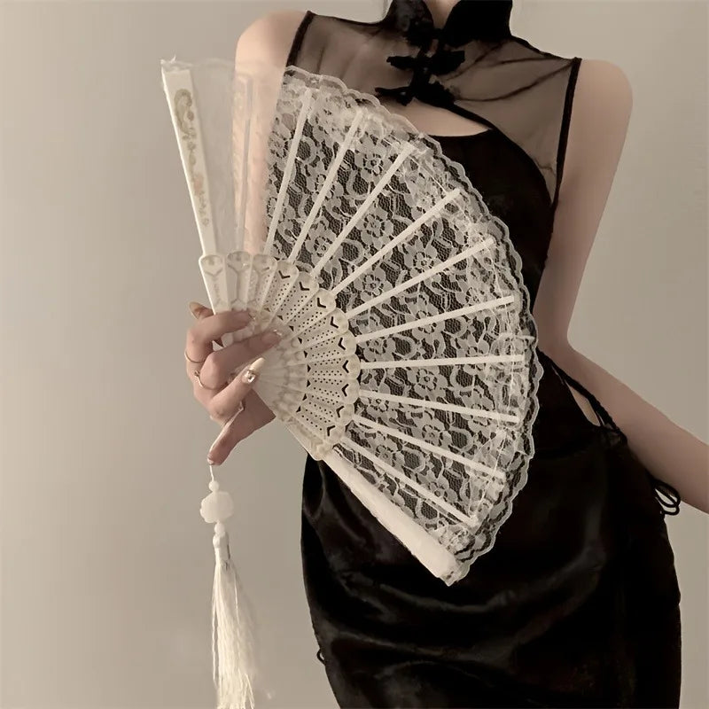 Vintage Chinese Lace Fan - Floral Pattern Black & Golden Tassel Handheld Cooling Fan, Photo Props, Summer Fashion Accessory Oasis Select