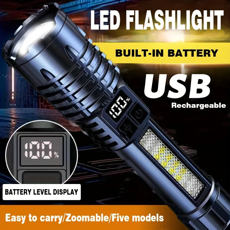 Powerful LED Flashlight Battery Display USB Rechargeable Light Telescopic Zoom Torch Lamp Outdoor Camping Fishing Lantern Oasis Select