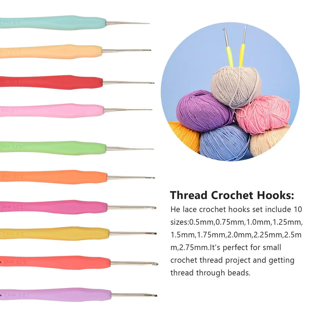 LIKE WISH 10Pcs Small Size Lace Crochet Hooks (0.5-2.75Mm), Ergonomic Crochet Hooks Set With Soft Grip Handle For Thread Oasis Select